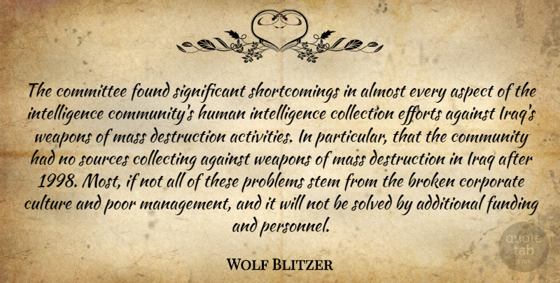 Wolf Blitzer Quote About Additional, Against, Almost, Aspect, Broken: The Committee Found Significant Shortcomings...