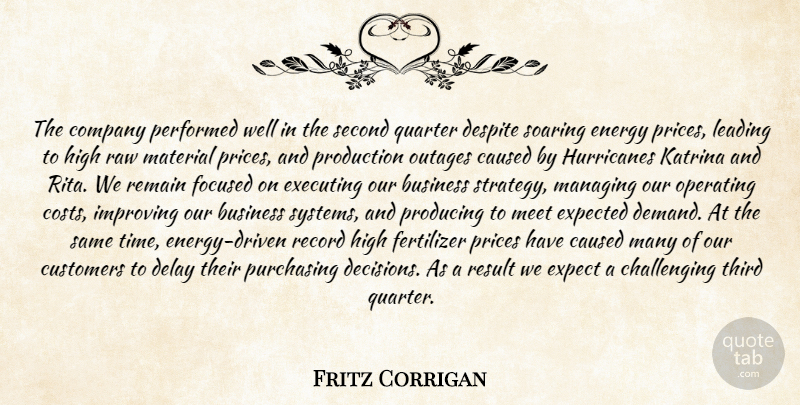 Fritz Corrigan Quote About Business, Caused, Company, Customers, Delay: The Company Performed Well In...