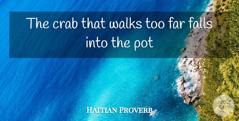 Haitian Proverb Quote About Crab, Falls, Far, Pot, Walks: The Crab That Walks Too...