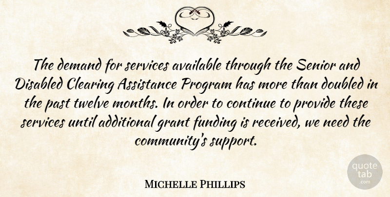 Michelle Phillips Quote About Additional, Assistance, Available, Clearing, Continue: The Demand For Services Available...