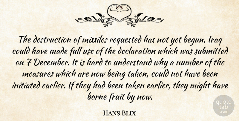 Hans Blix Quote About Borne, Fruit, Full, Hard, Iraq: The Destruction Of Missiles Requested...