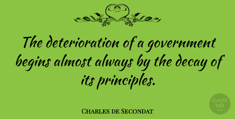 Charles de Secondat Quote About Almost, Begins, Decay, French Philosopher, Government: The Deterioration Of A Government...