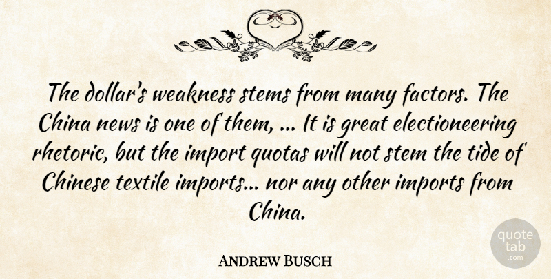 Andrew Busch Quote About China, Chinese, Great, Imports, News: The Dollars Weakness Stems From...