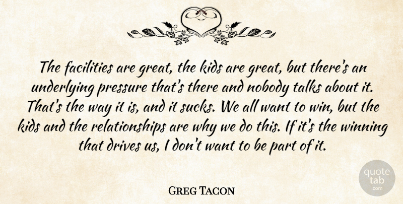 Greg Tacon Quote About Drives, Facilities, Kids, Nobody, Pressure: The Facilities Are Great The...