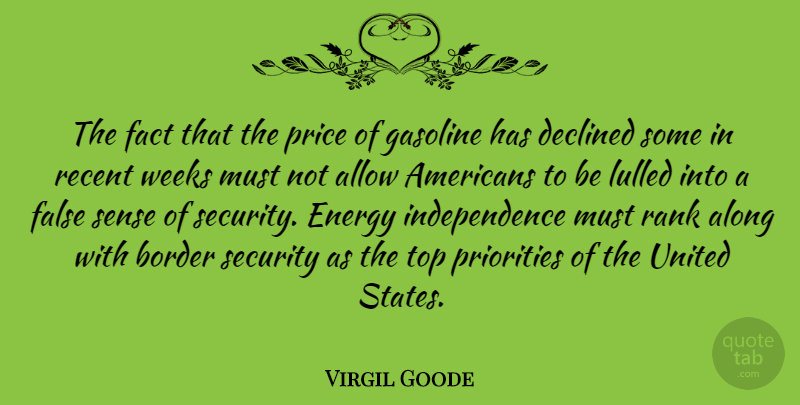 Virgil Goode Quote About Priorities, Independence, Borders: The Fact That The Price...