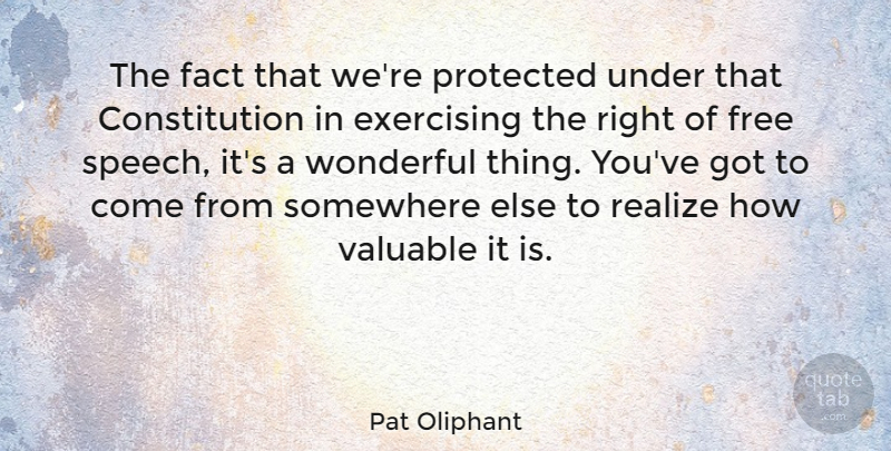 Pat Oliphant Quote About Constitution, Exercising, Fact, Protected, Somewhere: The Fact That Were Protected...