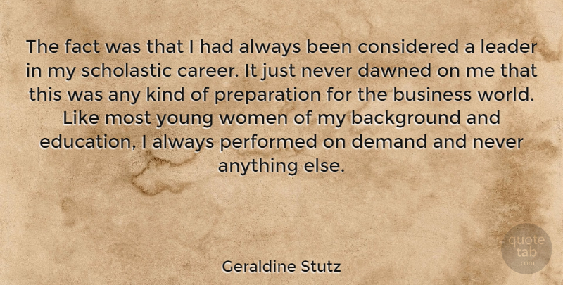 Geraldine Stutz Quote About Background, Business, Considered, Dawned, Demand: The Fact Was That I...
