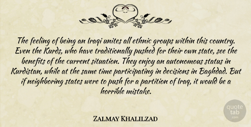 Zalmay Khalilzad Quote About Country, Mistake, Iraq: The Feeling Of Being An...