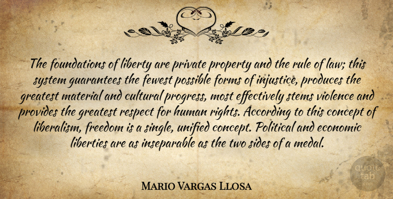 Mario Vargas Llosa Quote About Rights, Law, Two Sides: The Foundations Of Liberty Are...