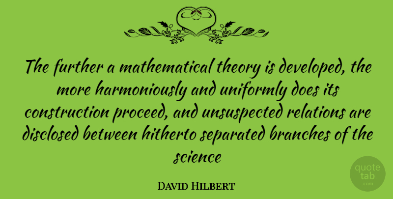 David Hilbert Quote About Branches, Doe, Construction: The Further A Mathematical Theory...