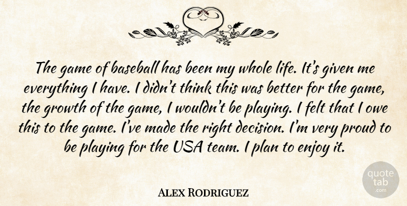 Alex Rodriguez Quote About Baseball, Enjoy, Felt, Game, Given: The Game Of Baseball Has...