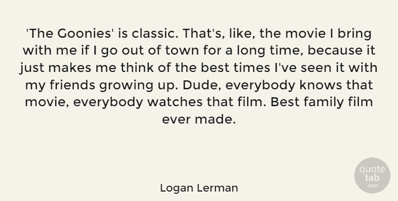 Logan Lerman Quote About Best, Bring, Everybody, Family, Growing: The Goonies Is Classic Thats...