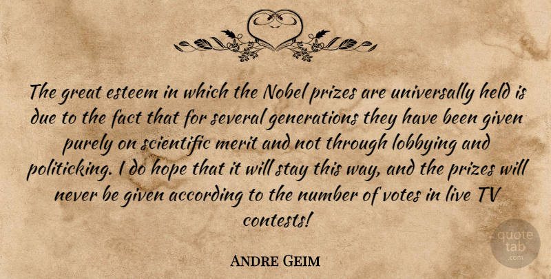 Andre Geim Quote About According, Due, Esteem, Fact, Given: The Great Esteem In Which...
