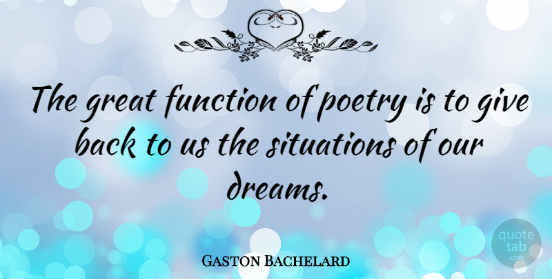 Gaston Bachelard Quote About Dream, Giving, Function: The Great Function Of Poetry...