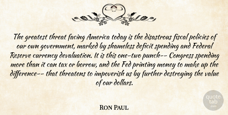 Ron Paul Quote About America, Congress, Currency, Deficit, Destroying: The Greatest Threat Facing America...