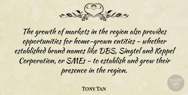 Tony Tan Quote About Entities, Establish, Markets, Names, Presence: The Growth Of Markets In...