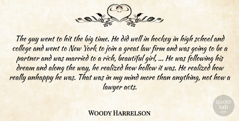 Woody Harrelson Quote About Along, Beautiful, College, Dream, Firm: The Guy Went To Hit...