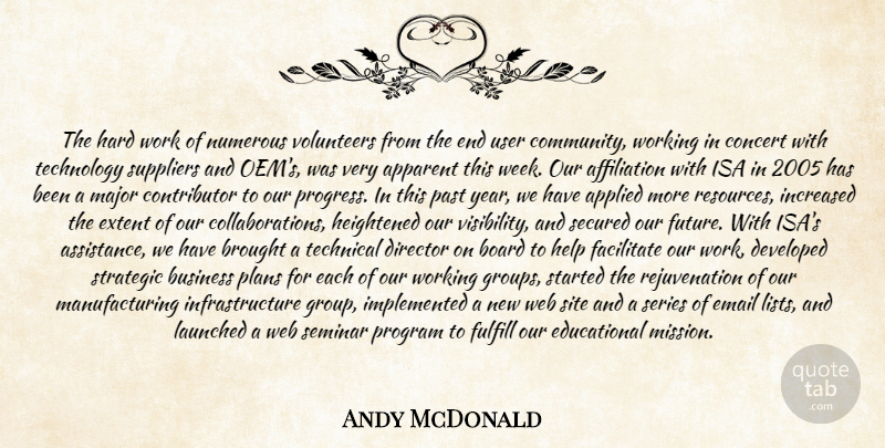 Andy McDonald Quote About Apparent, Applied, Board, Brought, Business: The Hard Work Of Numerous...