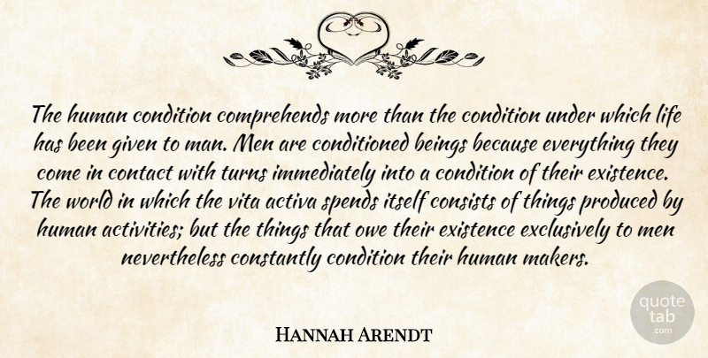 Hannah Arendt Quote About Men, World, Given: The Human Condition Comprehends More...