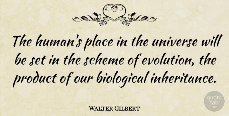 Walter Gilbert Quote About Inheritance, Evolution, Schemes: The Humans Place In The...
