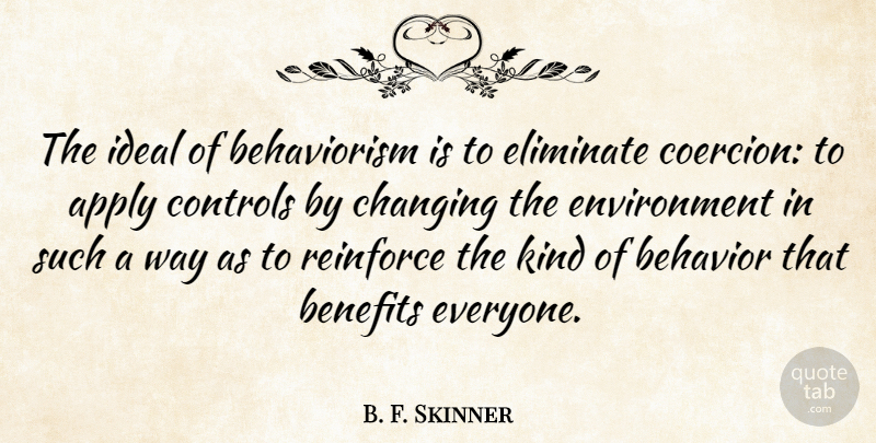 B. F. Skinner Quote About Benefits, Changing, Controls, Eliminate, Environment: The Ideal Of Behaviorism Is...