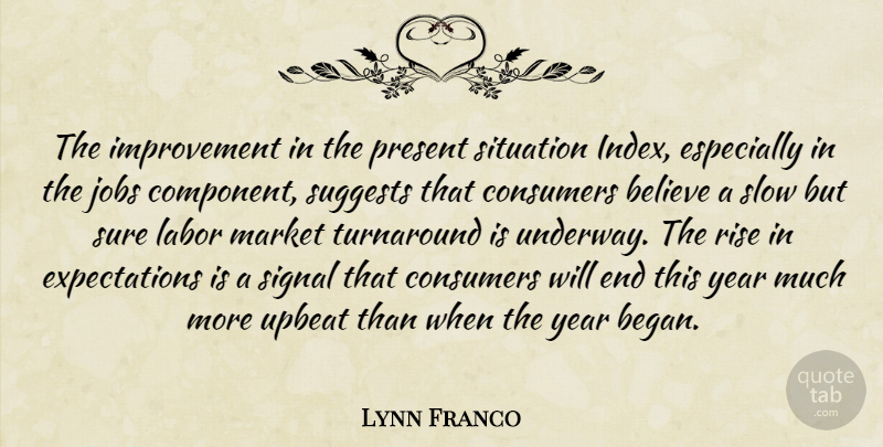 Lynn Franco Quote About Believe, Consumers, Improvement, Jobs, Labor: The Improvement In The Present...