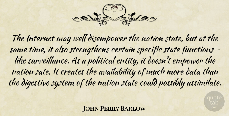 John Perry Barlow Quote About Certain, Creates, Digestive, Empower, Functions: The Internet May Well Disempower...