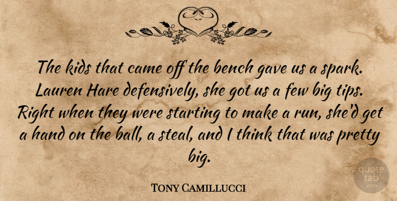 Tony Camillucci Quote About Bench, Came, Few, Gave, Hand: The Kids That Came Off...