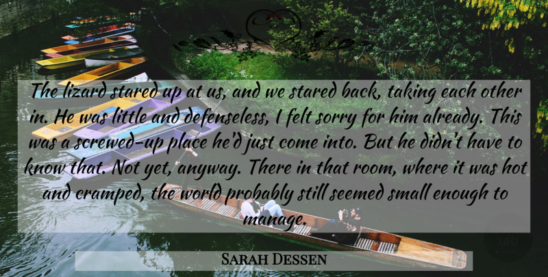 Sarah Dessen Quote About Sorry, World, Lizards: The Lizard Stared Up At...