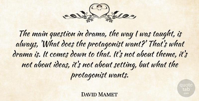 David Mamet Quote About Drama, Ideas, Want: The Main Question In Drama...