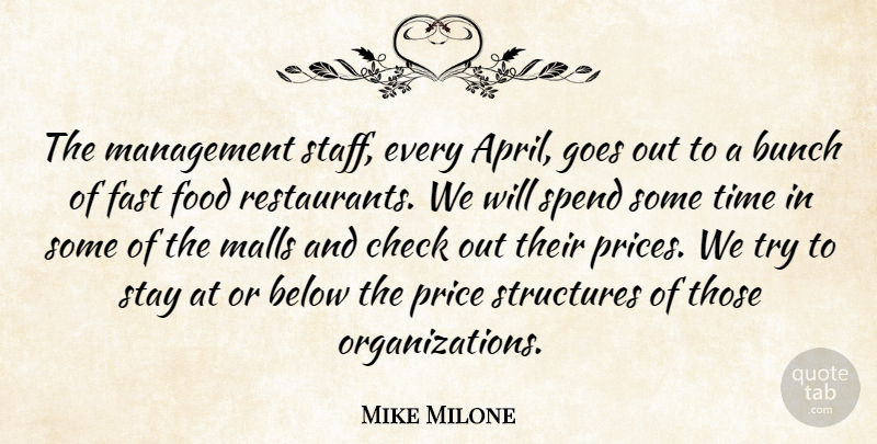 Mike Milone Quote About Below, Bunch, Check, Fast, Food: The Management Staff Every April...