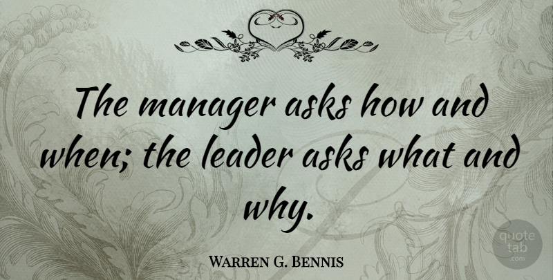 Warren G. Bennis Quote About Leadership, Managers, Asks: The Manager Asks How And...