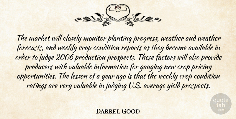 Darrel Good Quote About Available, Average, Closely, Condition, Crop: The Market Will Closely Monitor...