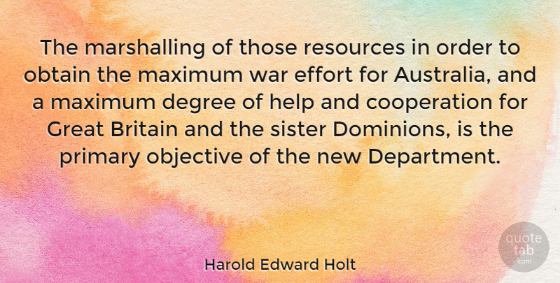 Harold Edward Holt Quote About Britain, Cooperation, Degree, Effort, Great: The Marshalling Of Those Resources...
