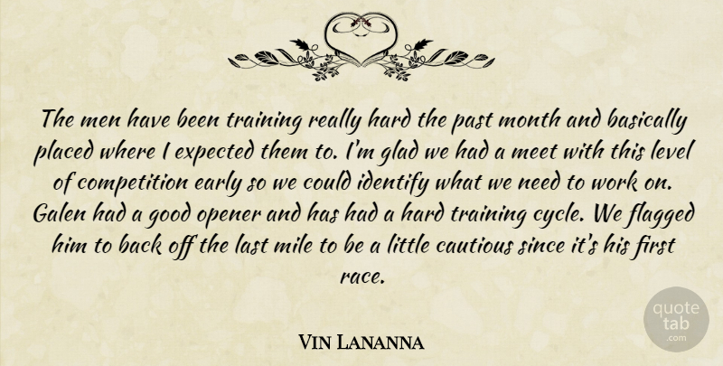 Vin Lananna Quote About Basically, Cautious, Competition, Early, Expected: The Men Have Been Training...