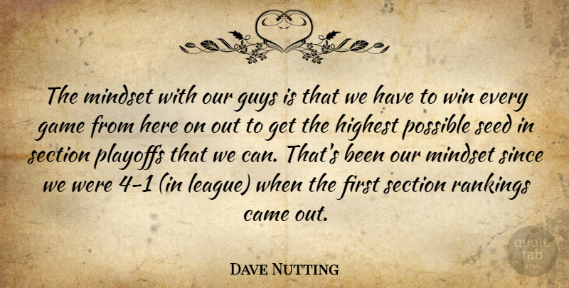 Dave Nutting Quote About Came, Game, Guys, Highest, Mindset: The Mindset With Our Guys...
