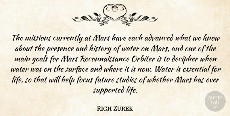Rich Zurek Quote About Advanced, Currently, Decipher, Essential, Focus: The Missions Currently At Mars...