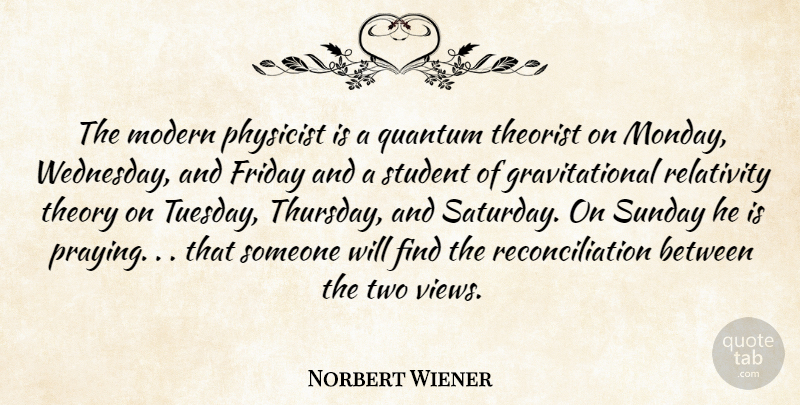 Norbert Wiener Quote About Friday, Modern, Physicist, Quantum, Relativity: The Modern Physicist Is A...