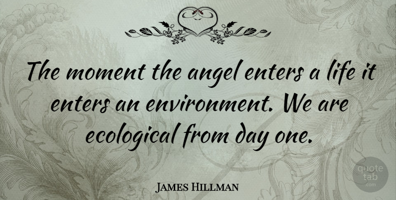 James Hillman Quote About Angel, Environment, Moments: The Moment The Angel Enters...