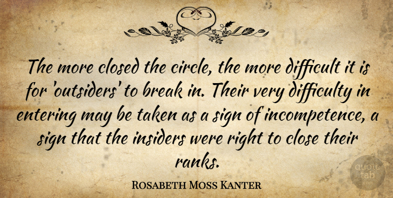 Rosabeth Moss Kanter Quote About Taken, Circles, Entering: The More Closed The Circle...