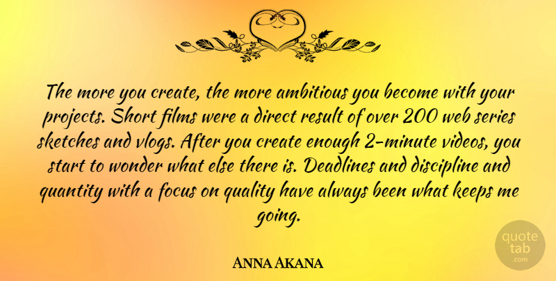 Anna Akana Quote About Ambitious, Create, Deadlines, Direct, Films: The More You Create The...