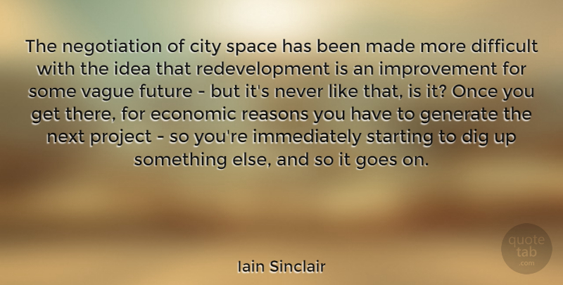 Iain Sinclair Quote About Difficult, Dig, Economic, Future, Generate: The Negotiation Of City Space...