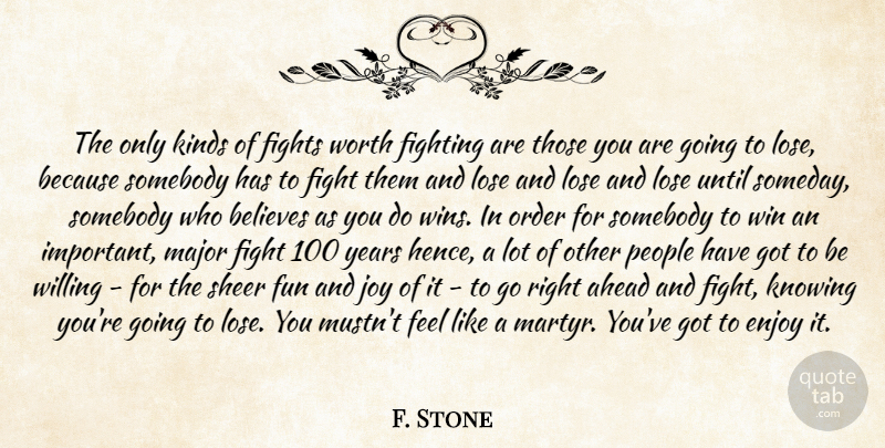 F. Stone Quote About Ahead, Believes, Enjoy, Fighting, Fights: The Only Kinds Of Fights...
