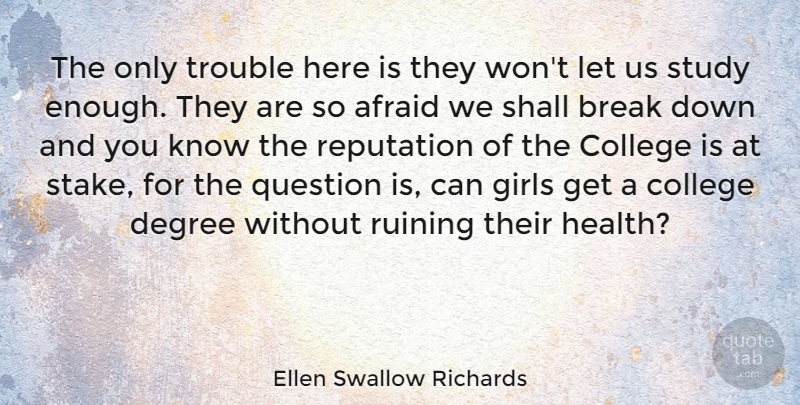 Ellen Swallow Richards Quote About Afraid, Break, Degree, Girls, Question: The Only Trouble Here Is...