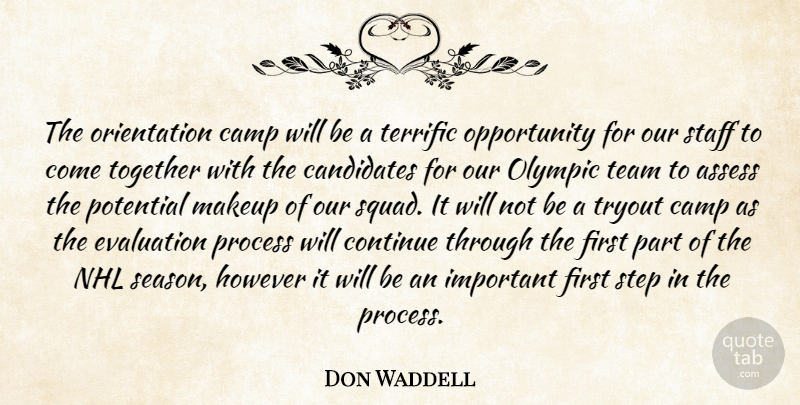 Don Waddell Quote About Assess, Camp, Candidates, Continue, Evaluation: The Orientation Camp Will Be...