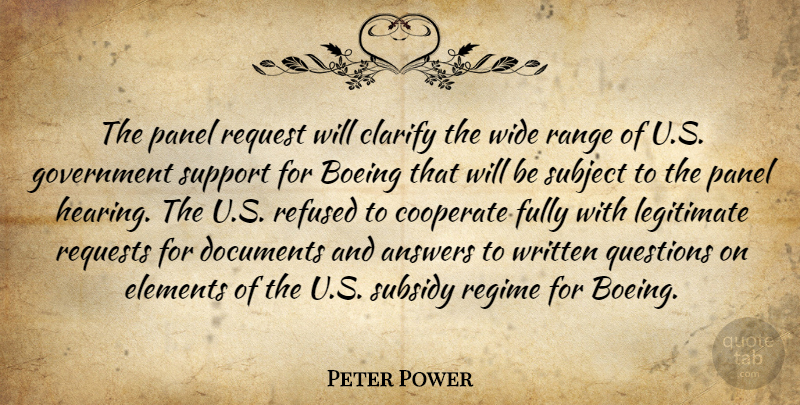 Peter Power Quote About Answers, Clarify, Cooperate, Documents, Elements: The Panel Request Will Clarify...