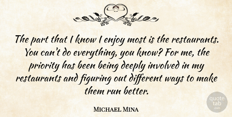 Michael Mina Quote About Deeply, Figuring, Priority, Ways: The Part That I Know...