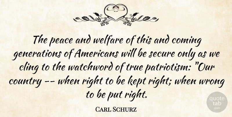 Carl Schurz Quote About Cling, Coming, Country, Kept, Peace: The Peace And Welfare Of...