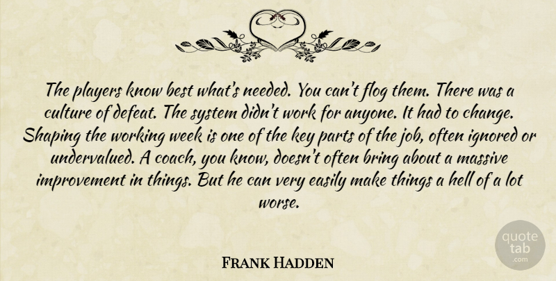 Frank Hadden Quote About Best, Bring, Culture, Easily, Hell: The Players Know Best Whats...
