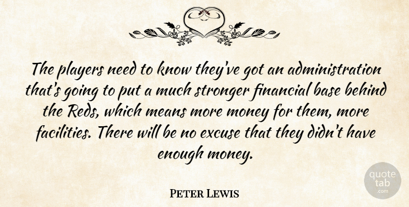 Peter Lewis Quote About Base, Behind, Excuse, Financial, Means: The Players Need To Know...